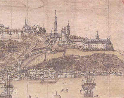 Québec comme il se voit de l`est par Jean-Baptiste-Louis Franquelin, 1688 (Service historique de la Marine, Vincennes) <br />Les édifices du SME se trouvent à droite Québec comme il se voit de l`est par Jean-Baptiste-Louis Franquelin, 1688 (Service historique de la Marine, Vincennes) <br />Les édifices du SME se trouvent à droite